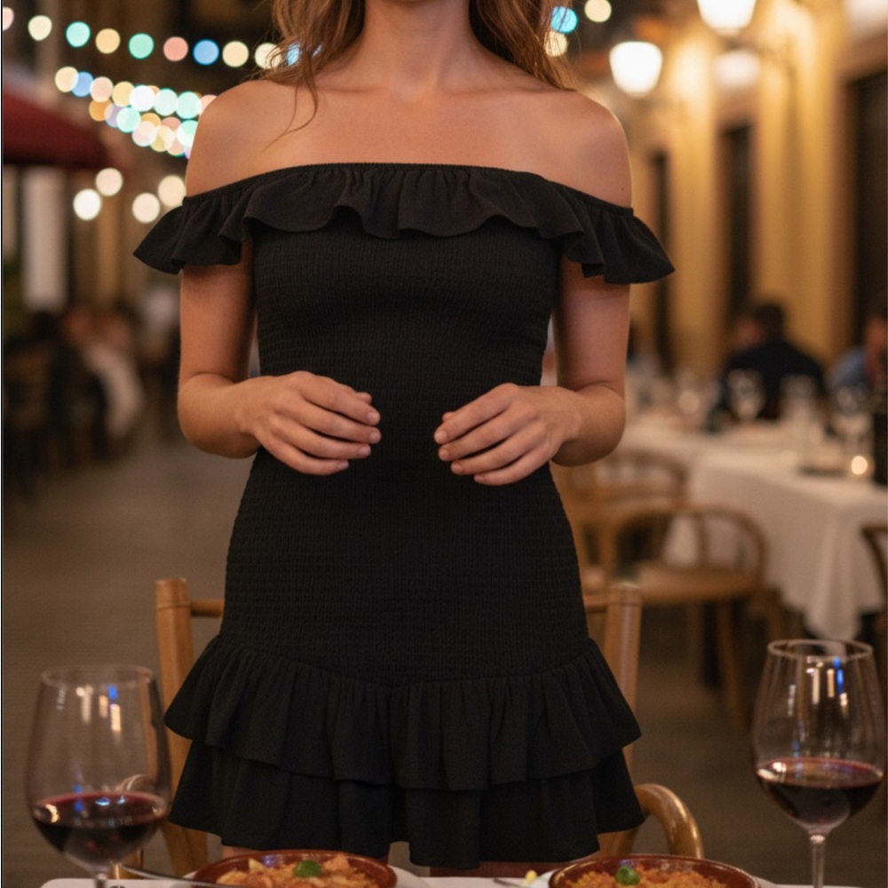 Windsor Black Off-Shoulder Smocked Ruffle Mini Dress (Size S)
